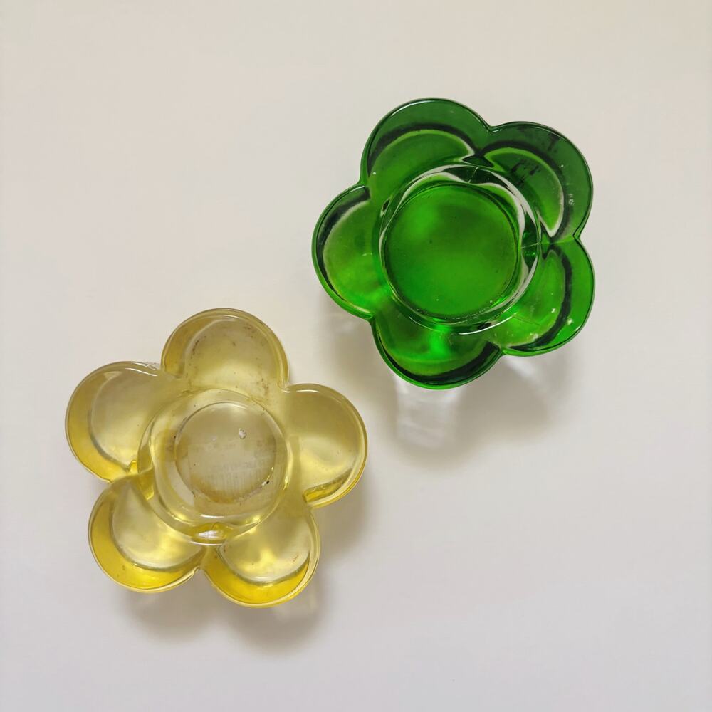 Vintage Green & Yellow Flower Shaped Glass Tea Light Candle Holders
